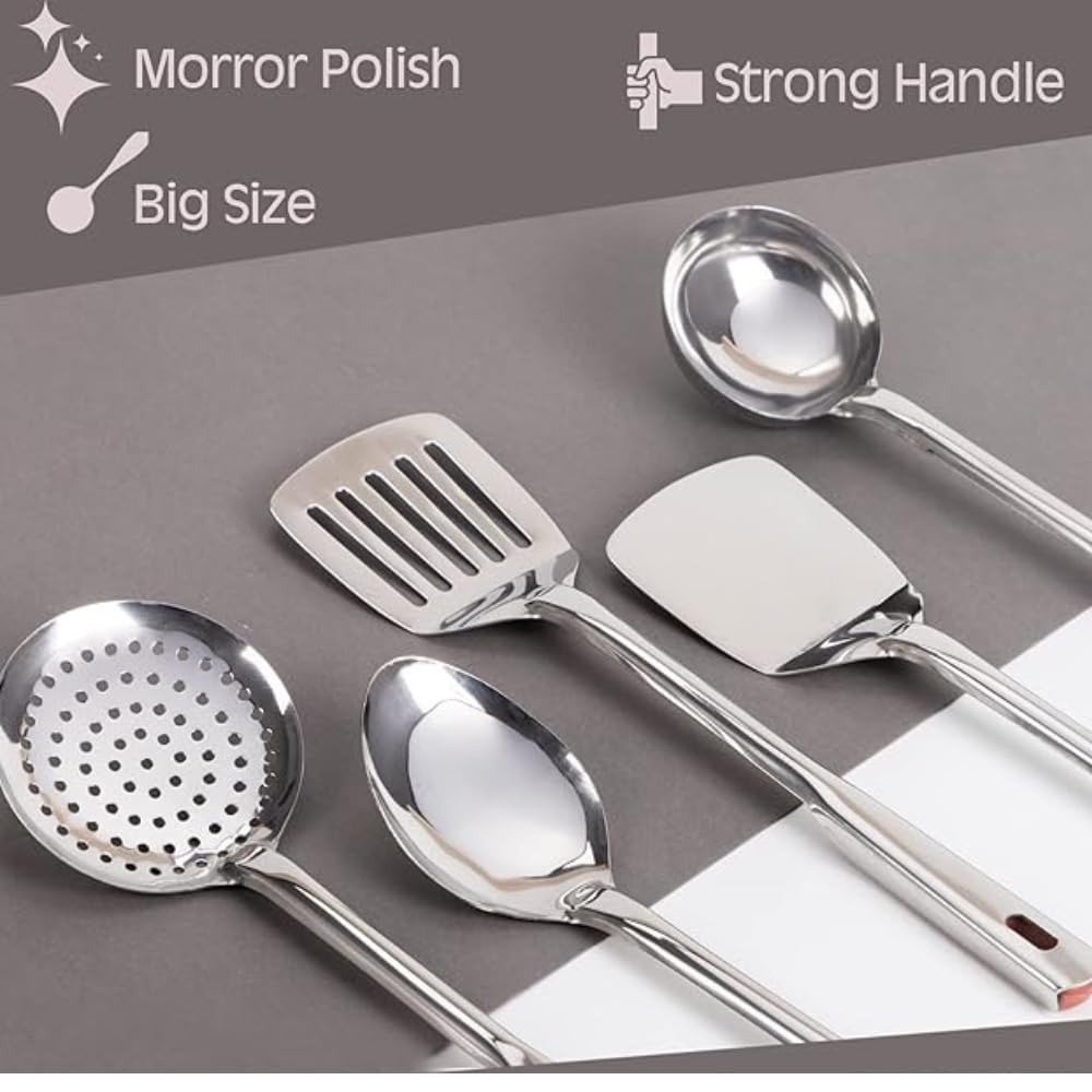 Stainless Steel Kitchen Utensil Set, 5-Piece Cooking Tools with Ladle, Basting Spoon, Skimmer, Turner, Slotted Turner, 35.5 cm Length