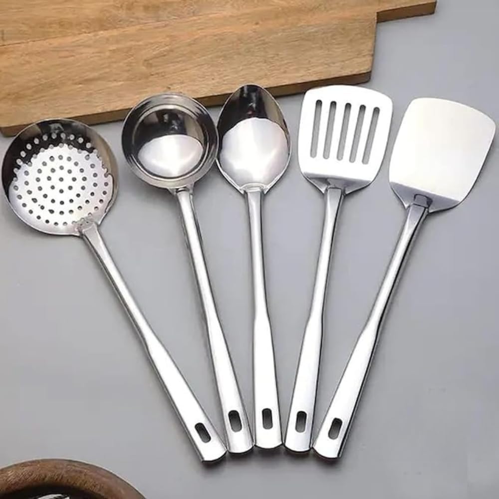 Stainless Steel Kitchen Utensil Set, 5-Piece Cooking Tools with Ladle, Basting Spoon, Skimmer, Turner, Slotted Turner, 35.5 cm Length