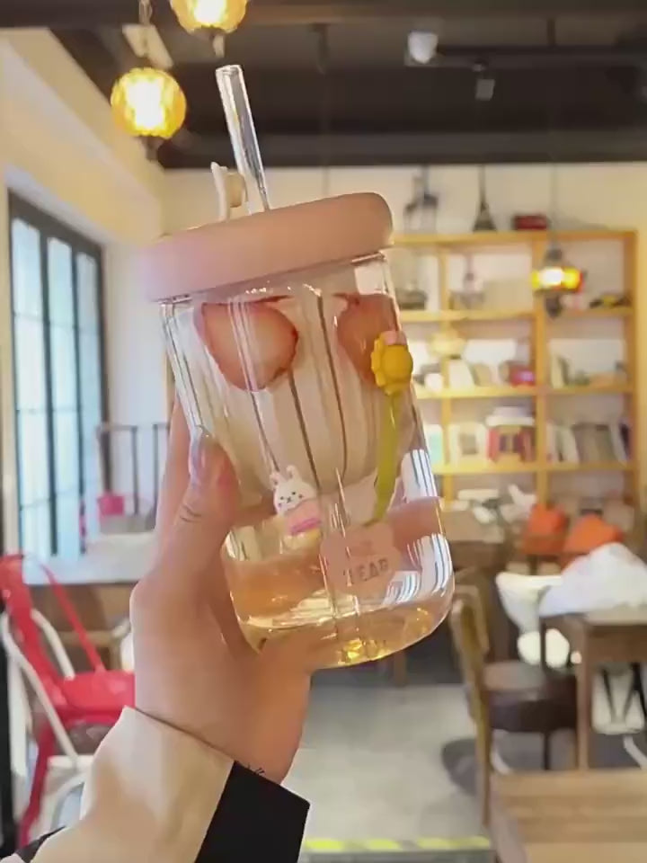 Glass Tumbler with Fruit Infuser Lid and Straw Pack of 1, Travel Sipper Bottle for Juice Cocktail Iced Tea Coffee Hot Cold Drink Cup (Set of 1, Receiving Random Color)